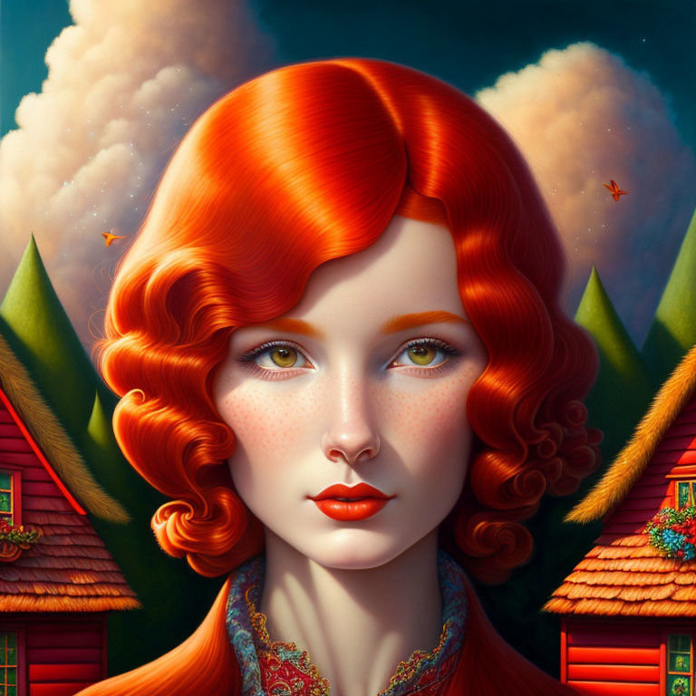 Digital Artwork: Woman with Red Hair and Green Eyes in Surreal Landscape