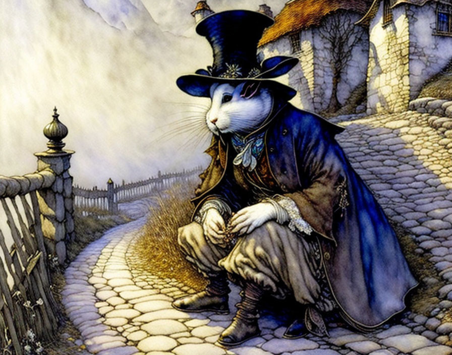 Anthropomorphic Rabbit in Coat and Top Hat Contemplates on Cobblestone Path