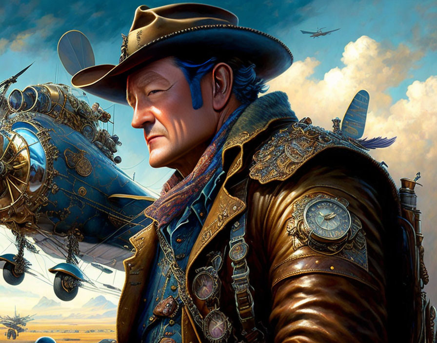 Steampunk-themed illustration featuring man in cowboy hat with airships and vintage aircraft.