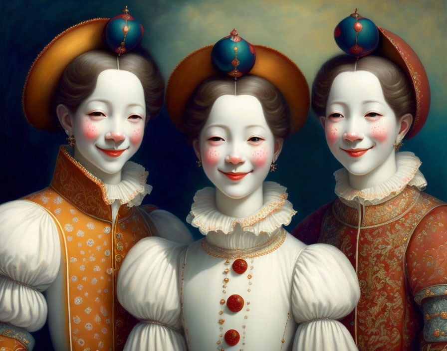 Three opulent figures in renaissance attire with porcelain-like features and intricate garments.