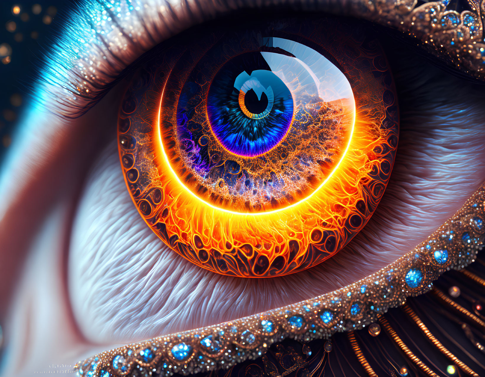 Detailed Fantasy Human Eye Art with Fiery and Ornate Elements