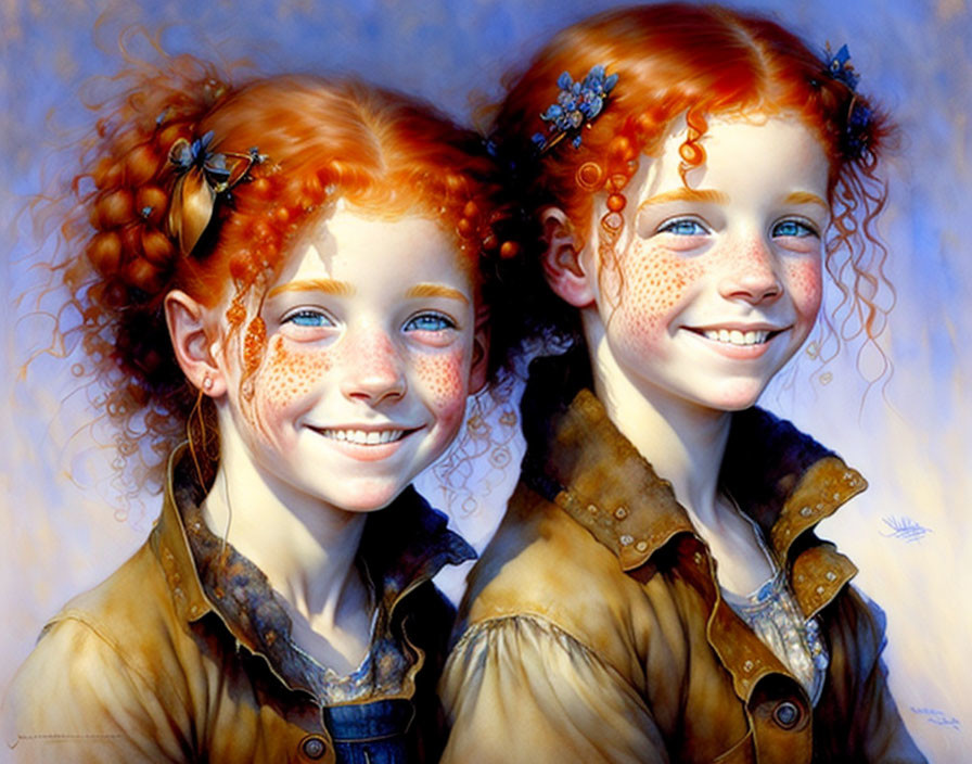 Red-haired twin girls with freckles smiling in digital art against blue backdrop, featuring blue flowers in