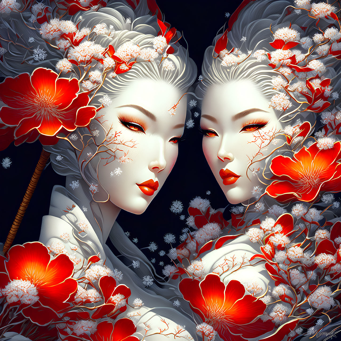 Symmetrical white-haired women with red flowers on dark background