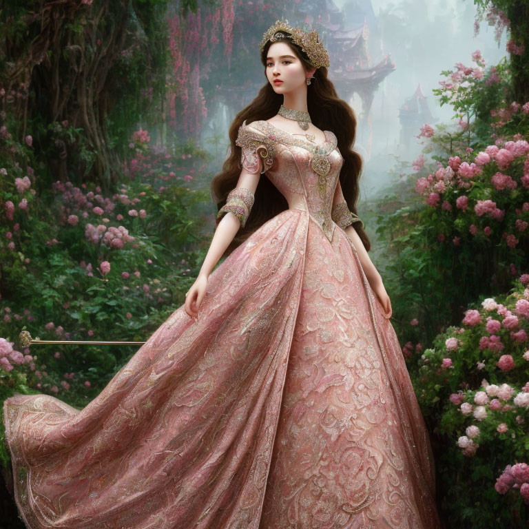 Regal woman in pink gown and tiara among lush greenery