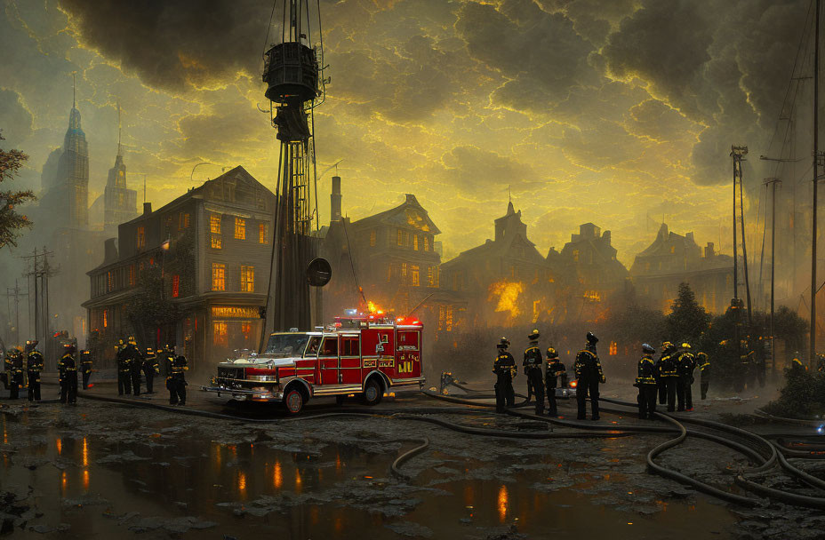 Intense firefighting scene with fire truck, hoses, and blazing buildings under stormy sky