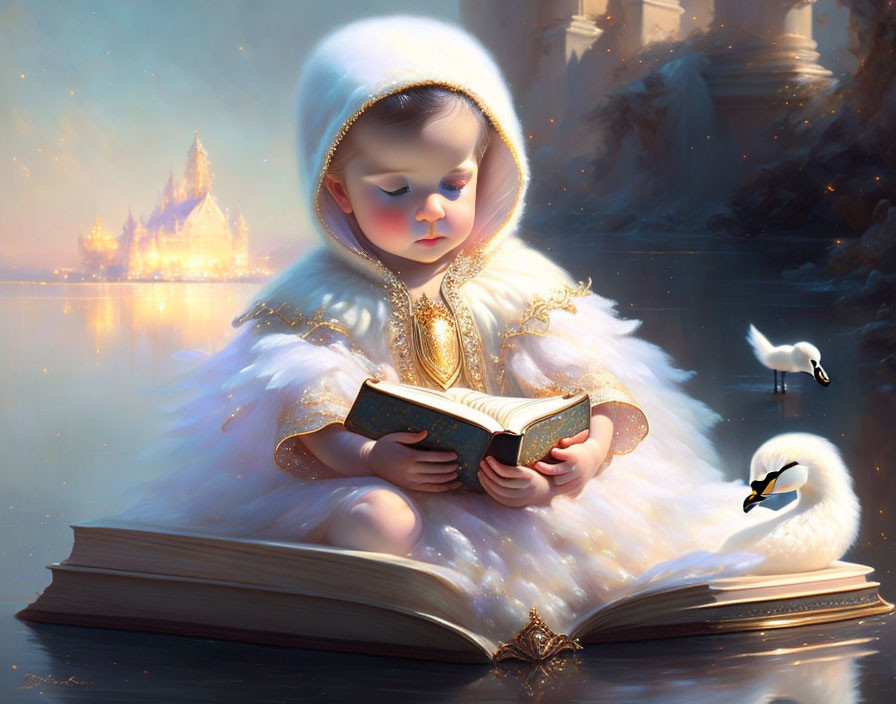 Child in white cloak reading by tranquil lake with swans and fantasy castle