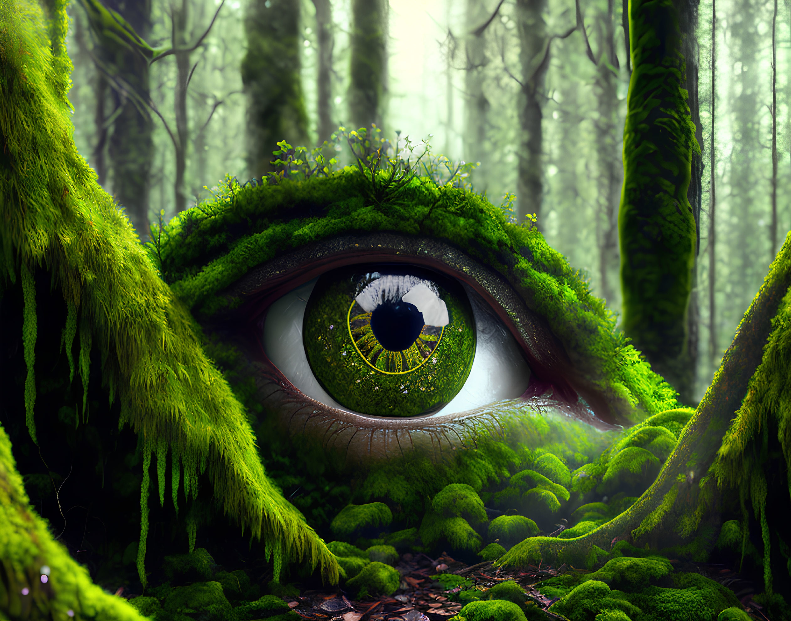 Giant Eye in Forest Setting with Moss-Covered Trees
