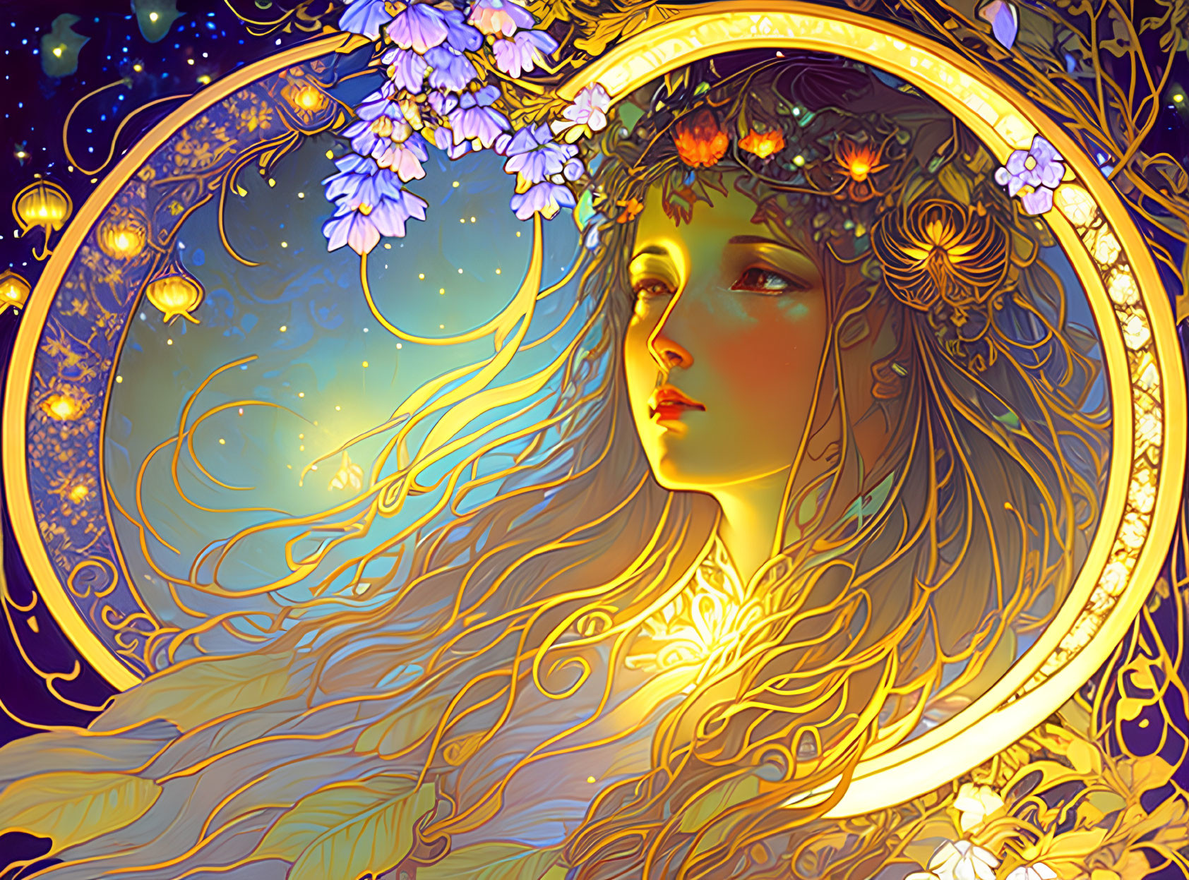 Illustrated woman with floral hair in golden circular border under starry sky