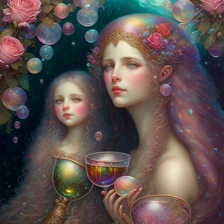 Ethereal figures with flowing hair and galaxy chalice under celestial backdrop