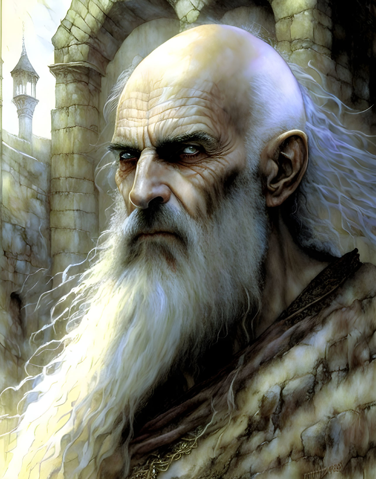 Elderly man with long white beard and intense gaze by castle tower