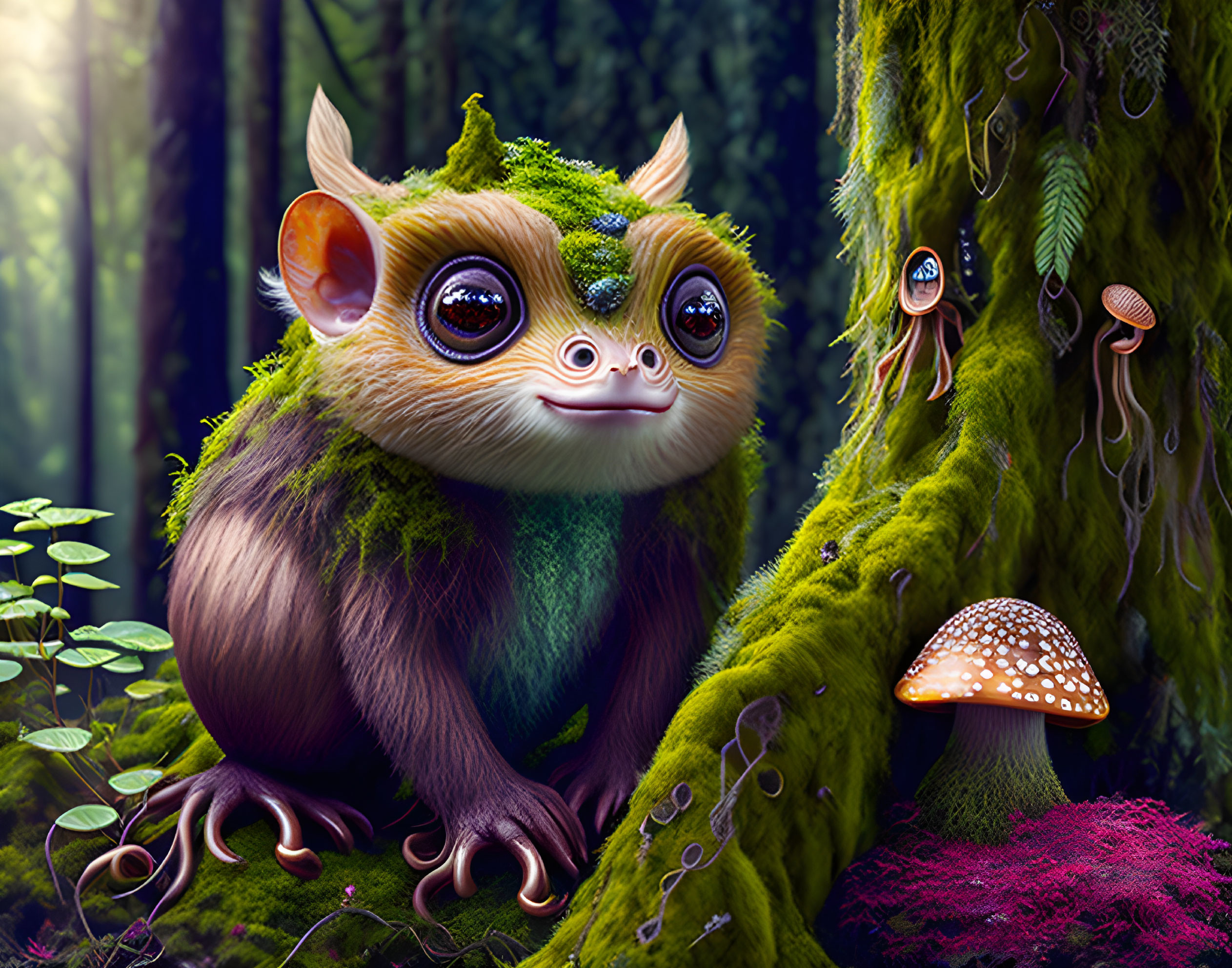 Whimsical creature with large eyes in lush forest with vibrant foliage