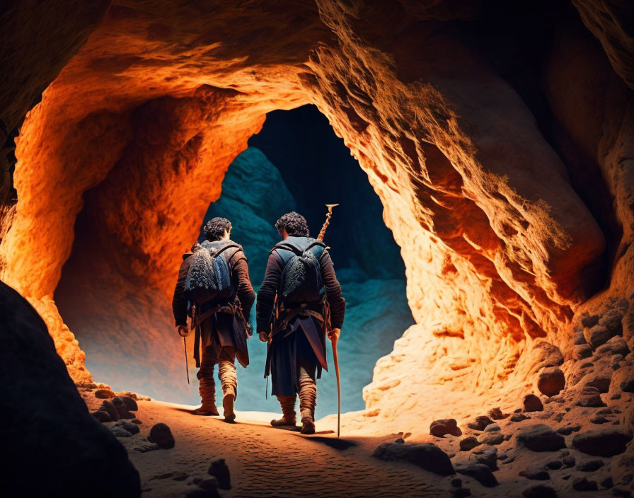 Medieval-themed artwork of two people with swords at cave entrance