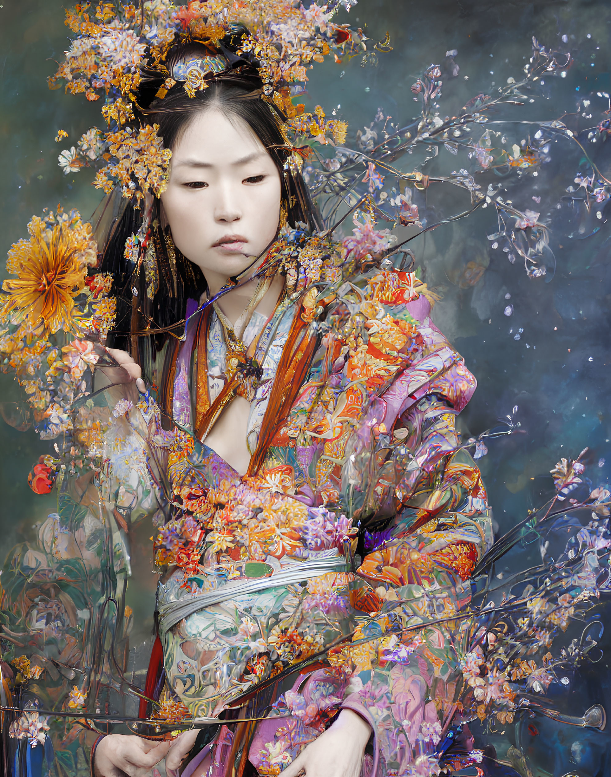 Person in vibrant floral kimono and headdress surrounded by blossoms on muted backdrop