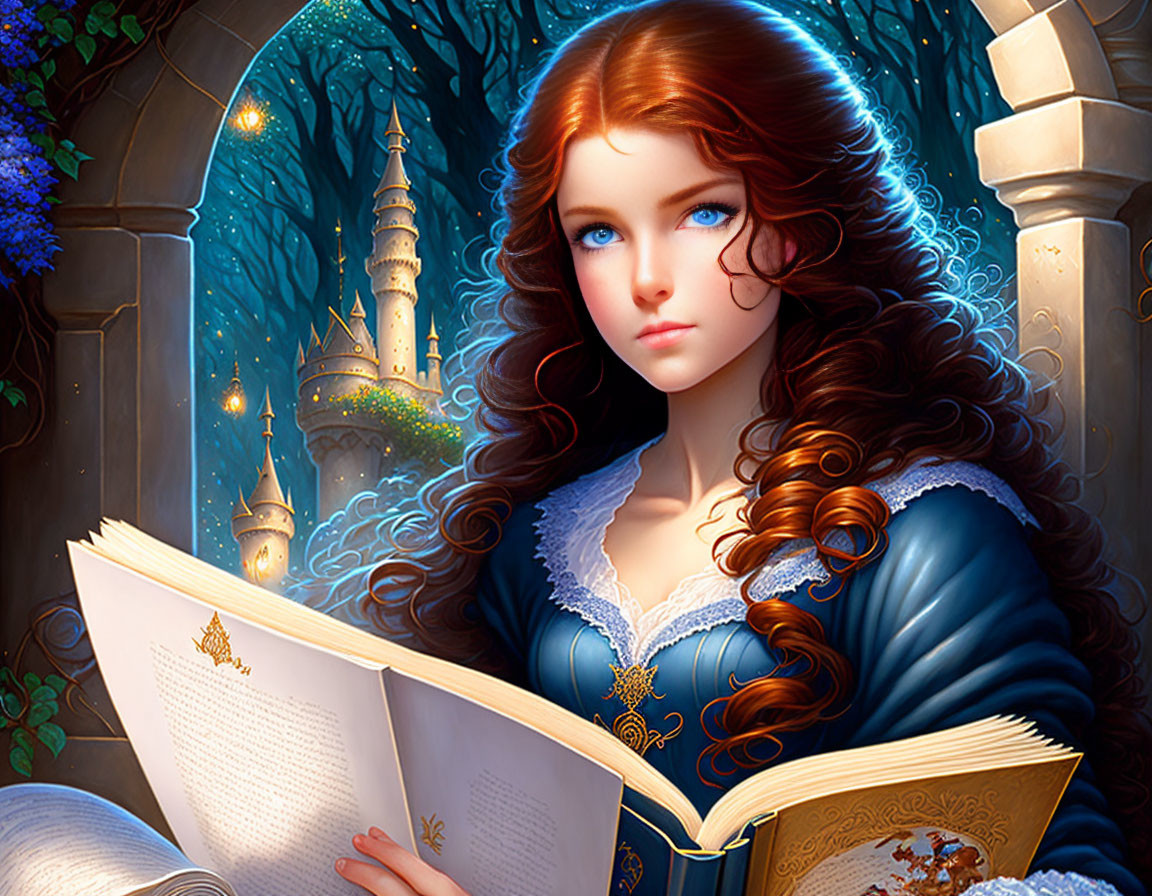 Red-haired woman reading book in enchanted castle setting.