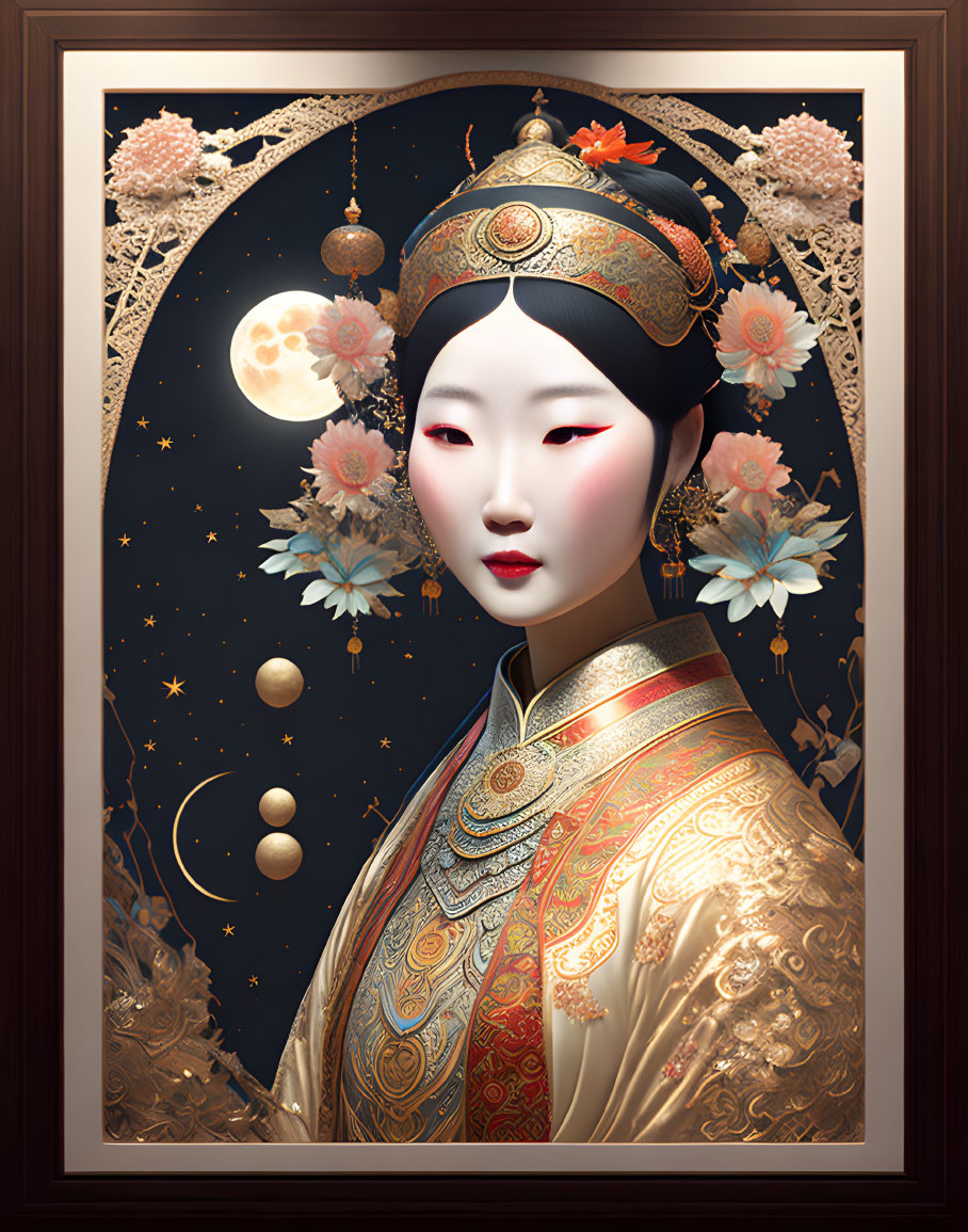 Illustration of Woman in Traditional Asian Attire with Cosmic Floral Theme