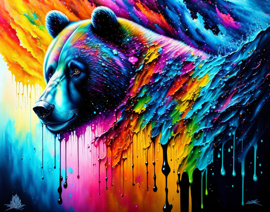 Colorful Bear Portrait with Rainbow Streaks on Dark Background