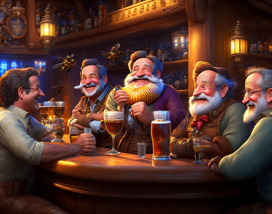 Five Elderly Men Toasting Beers in Cozy Bar