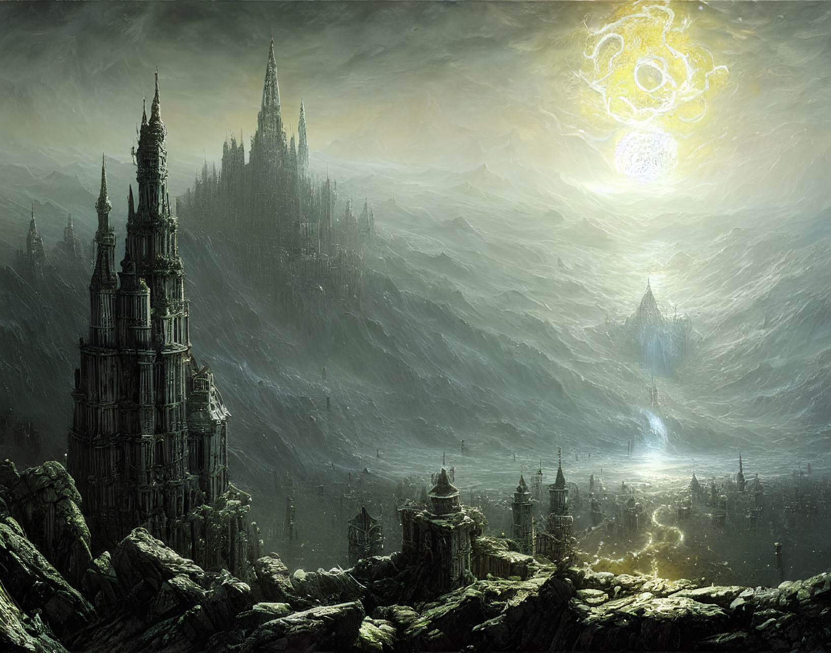 Mystical landscape with towering spire and glowing yellow sigil