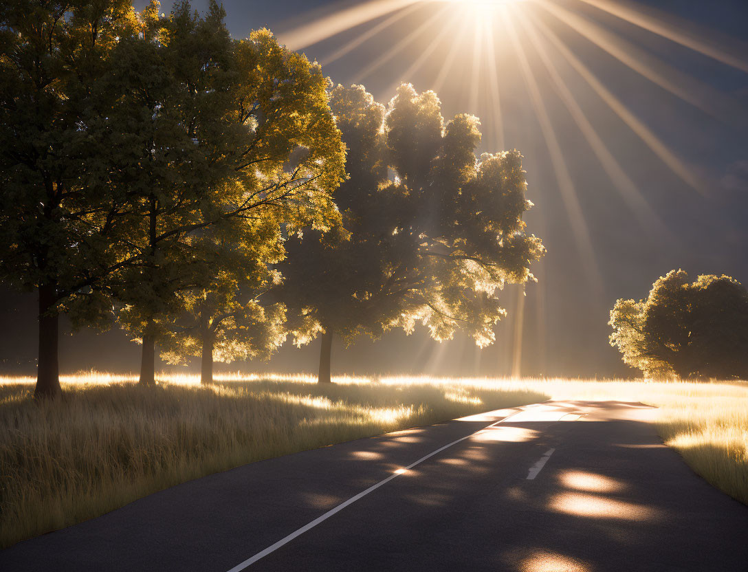 Golden sunlight illuminates tree-lined road with dramatic shadows.