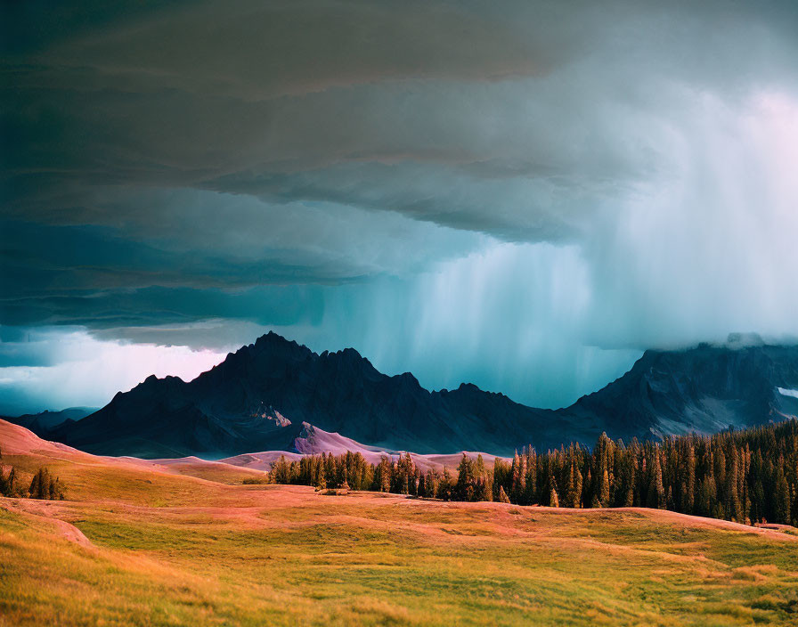 Dark storm clouds above serene landscape with rolling hills and rugged mountains