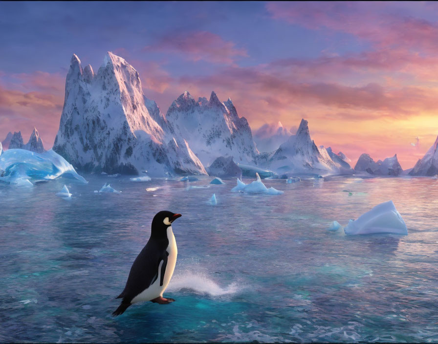 Penguin on Ice with Icebergs and Sunset Sky