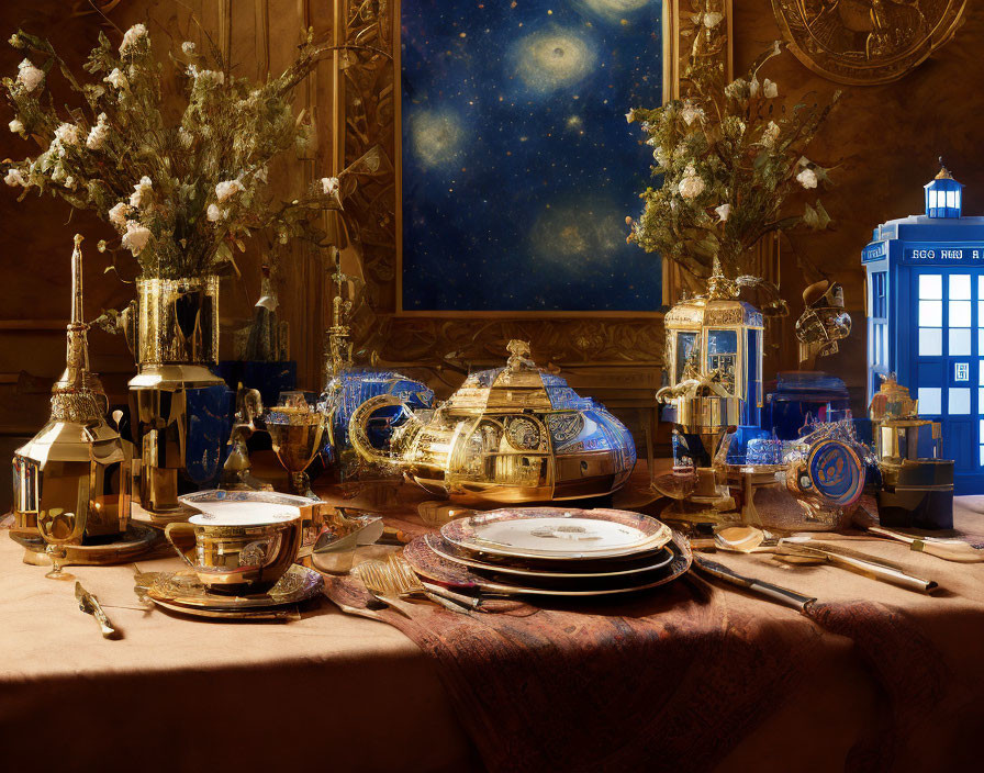 Luxurious Table Setup with Golden Dinnerware, Candles, Starry Night Painting, and TARD