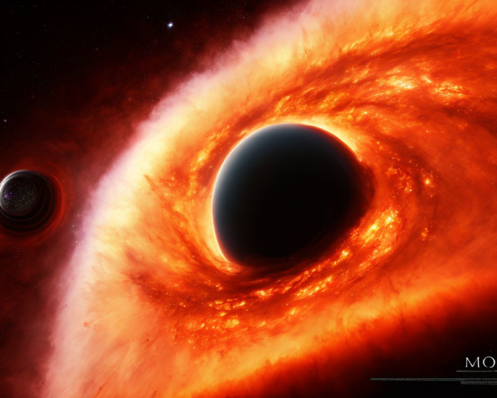 Digital art of swirling black hole with orange and yellow accretion disk in cosmic setting