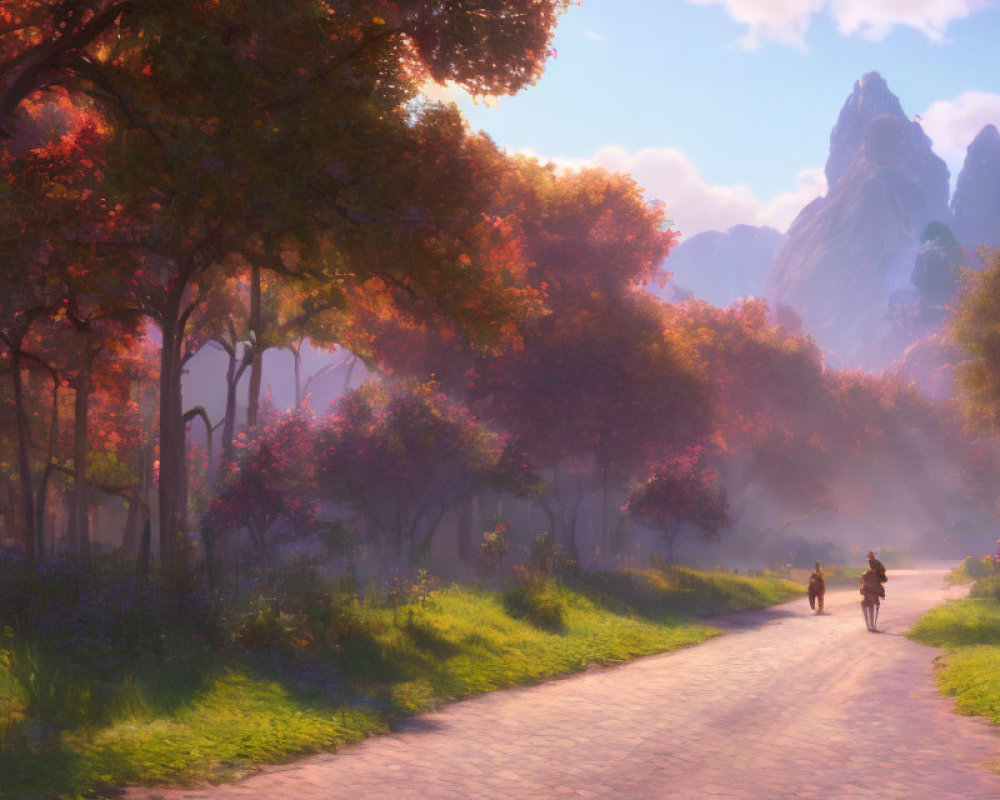 Cyclists on serene autumn path at sunset