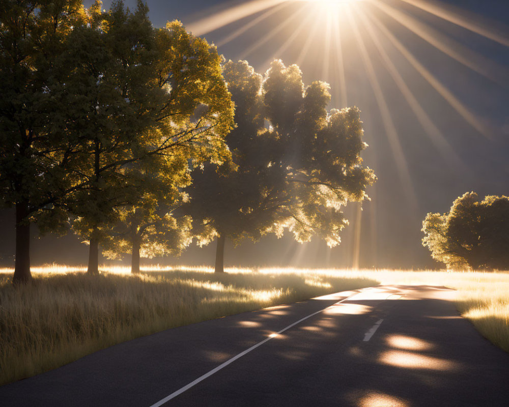 Golden sunlight illuminates tree-lined road with dramatic shadows.