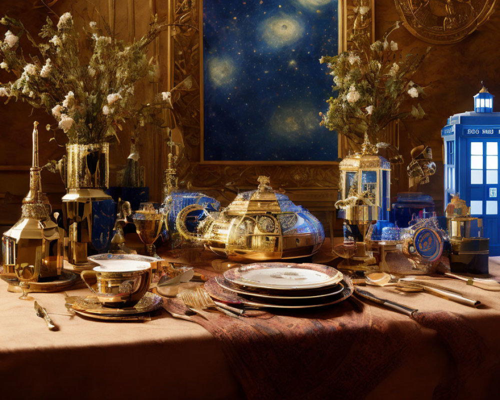 Luxurious Table Setup with Golden Dinnerware, Candles, Starry Night Painting, and TARD