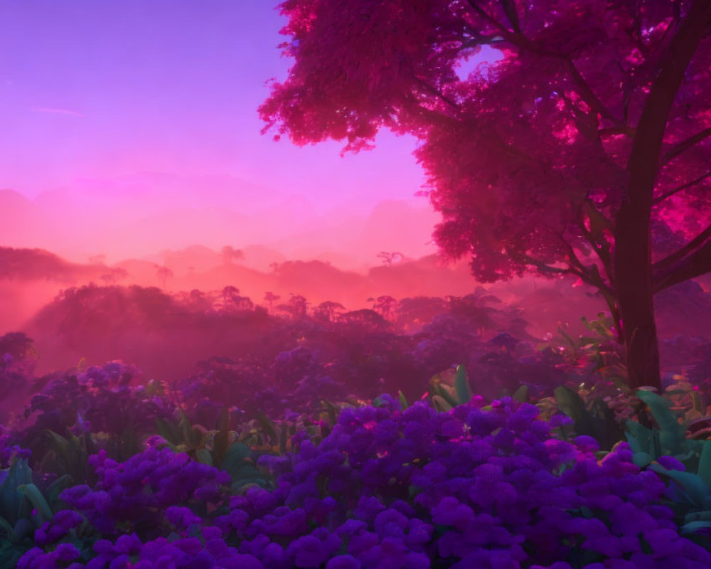 Vibrant Dusk Landscape: Purple Foliage, Misty Mountains, Pink Sky