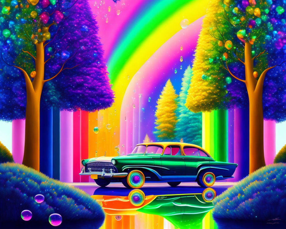 Colorful Landscape with Stylized Trees, Rainbow, Classic Car, and Bubbles