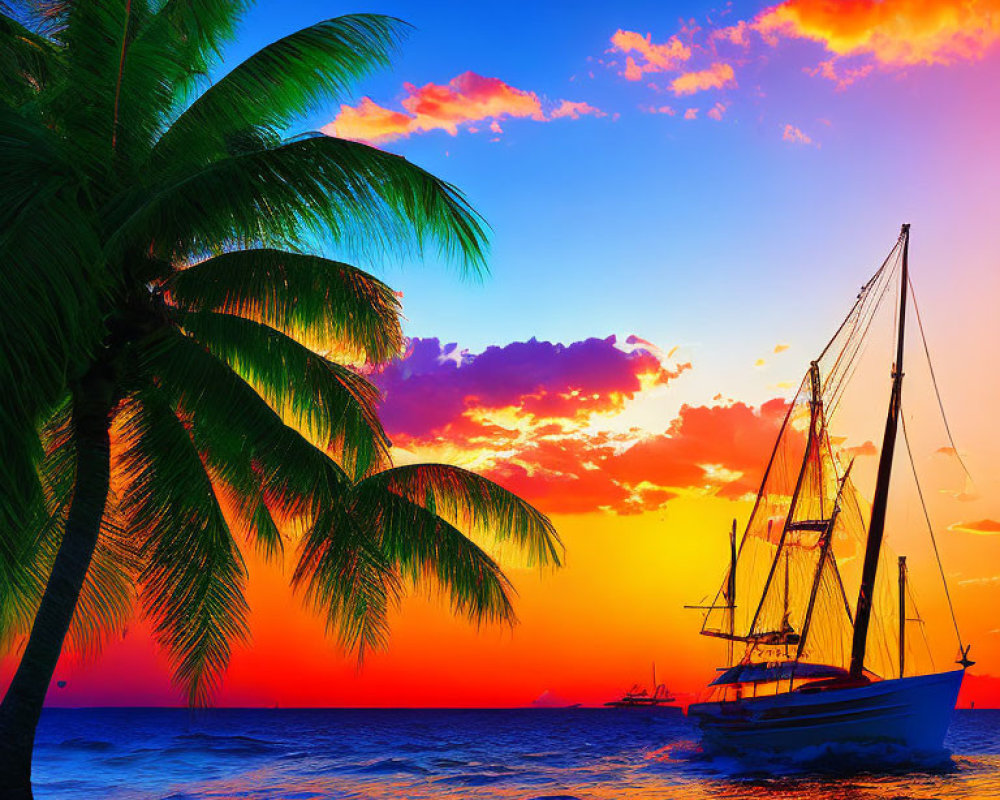 Colorful sunset over ocean with sailboat silhouette and palm tree.