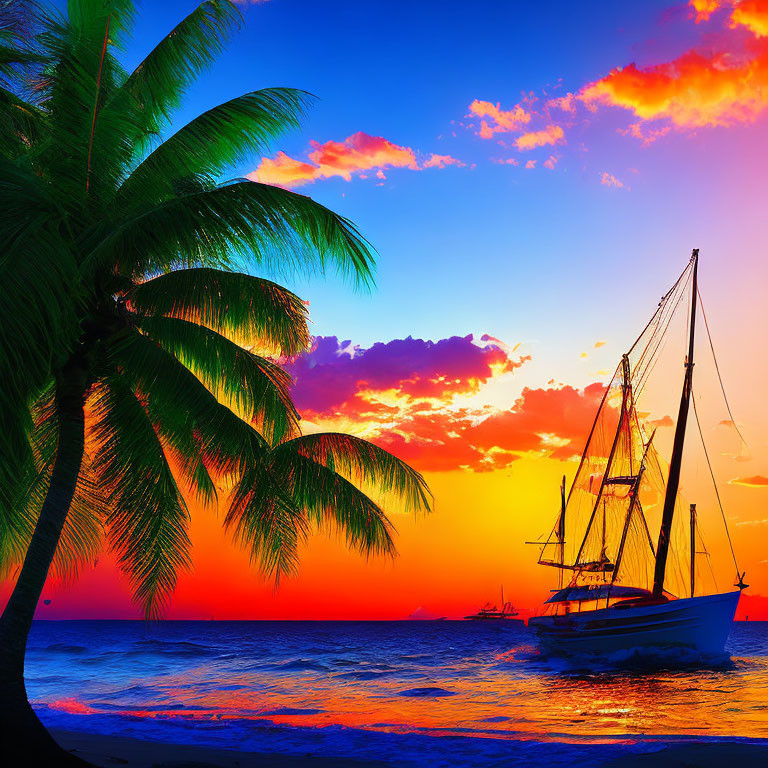 Colorful sunset over ocean with sailboat silhouette and palm tree.