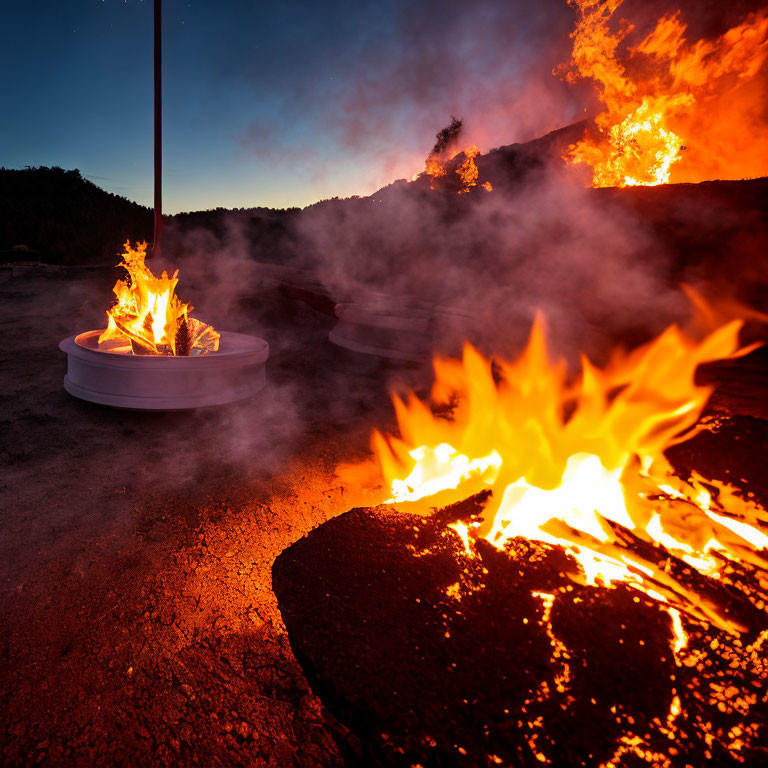 Geothermal site with flaming basin at twilight