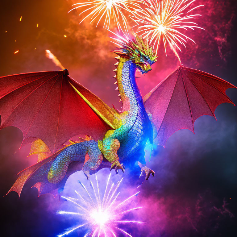 Vibrant Digital Artwork: Majestic Blue Dragon Soaring Amid Night Sky Fireworks