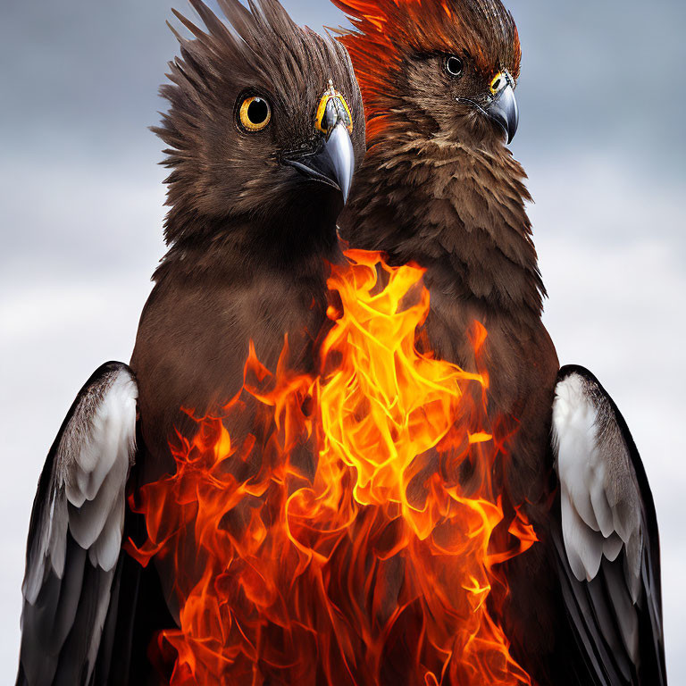 Fiery feathered birds against overcast sky