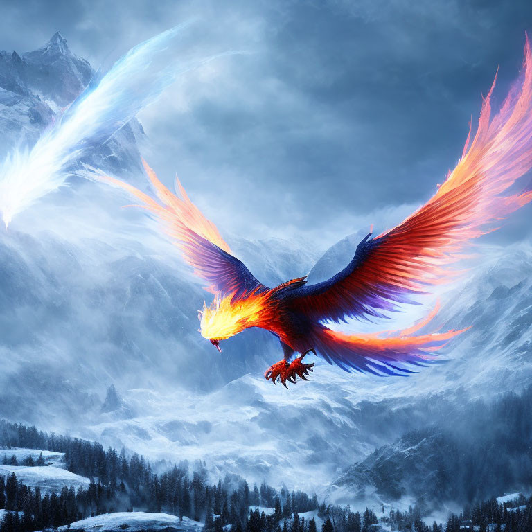 Majestic Phoenix Flying Over Snowy Mountain Landscape