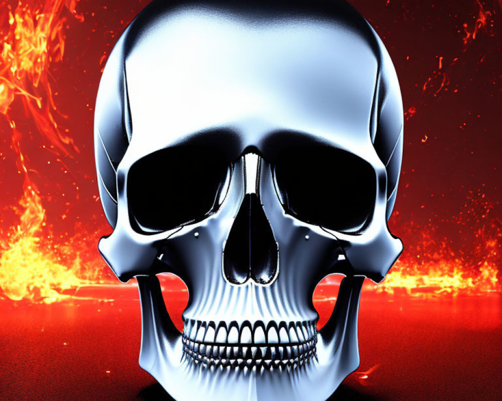 Metallic skull on fiery background with orange and red flames.