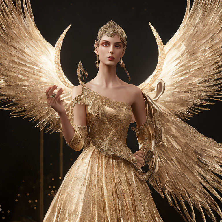 Regal woman in golden gown with wings and headpiece on dark backdrop