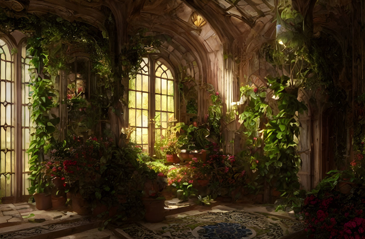 Sunlit overgrown conservatory with stained glass windows and lush greenery