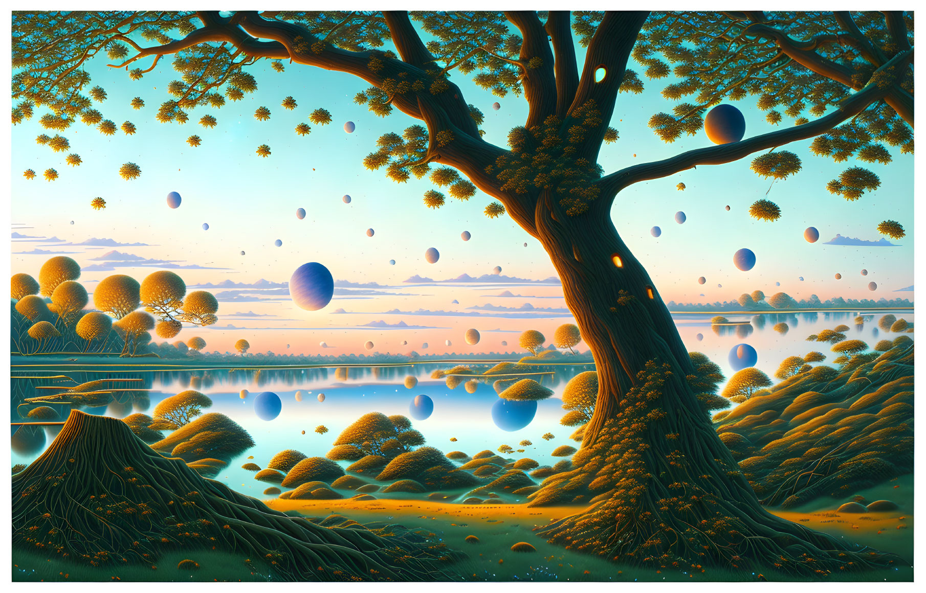 Vivid landscape with large tree, floating spheres, and reflective water