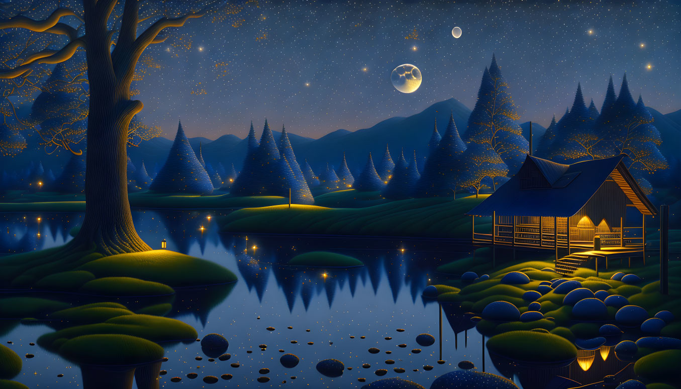 Tranquil night scene: full moon, serene lake, cozy cabin, lush trees, starry