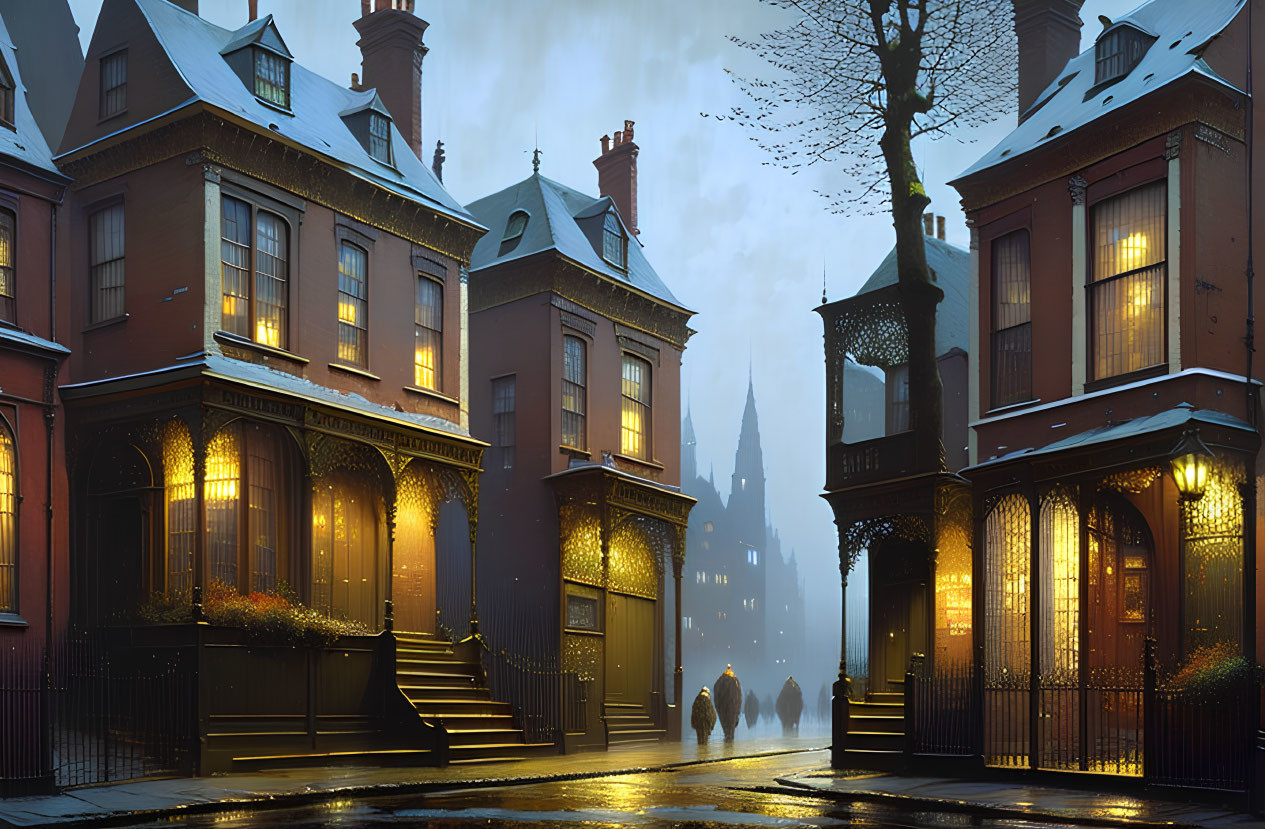 Elegant Townhouses on Illuminated Street at Dusk