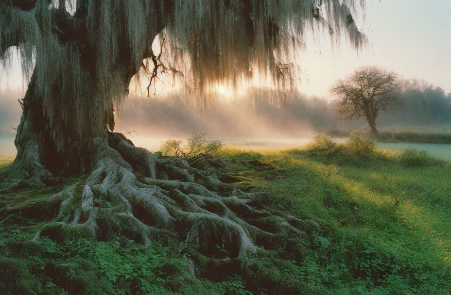 Misty dawn landscape with moss-covered tree and sunlight