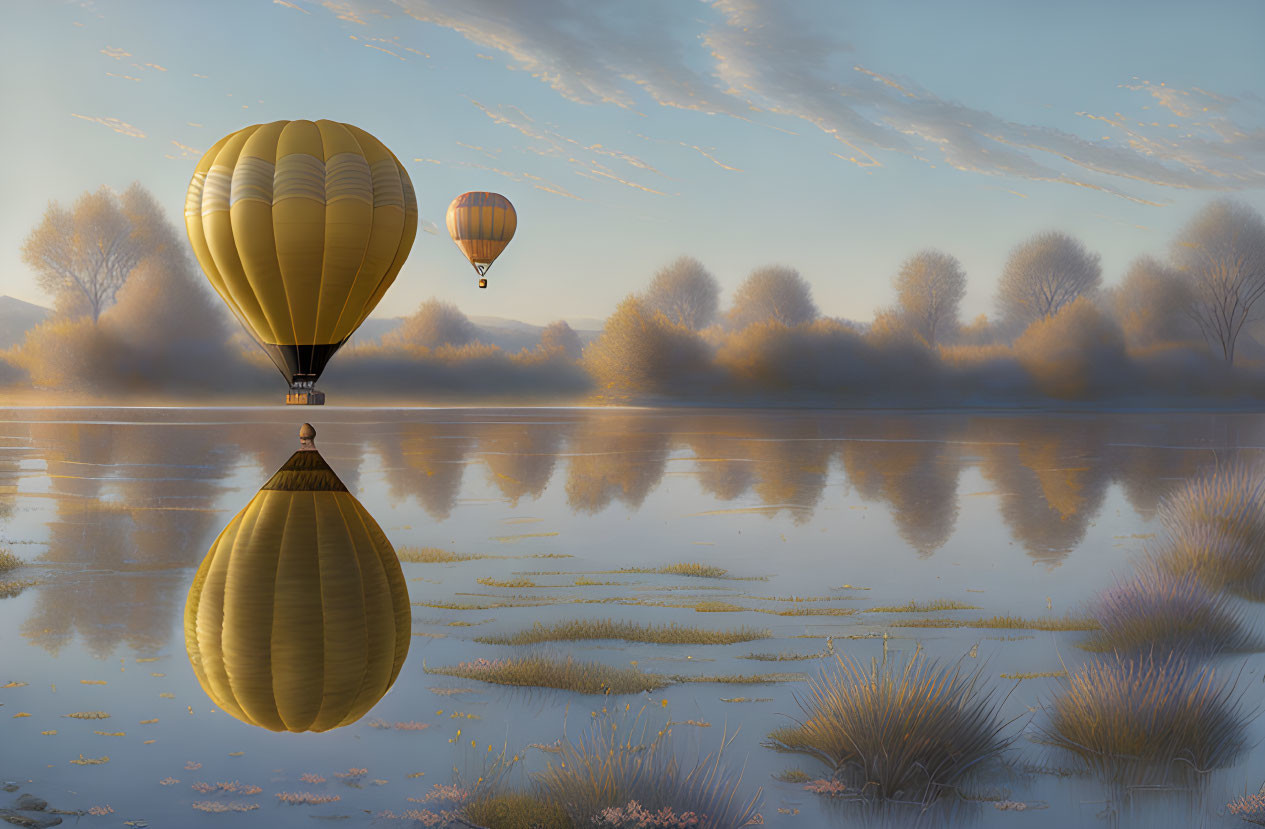 Tranquil lake scene with hot air balloons at sunrise or sunset