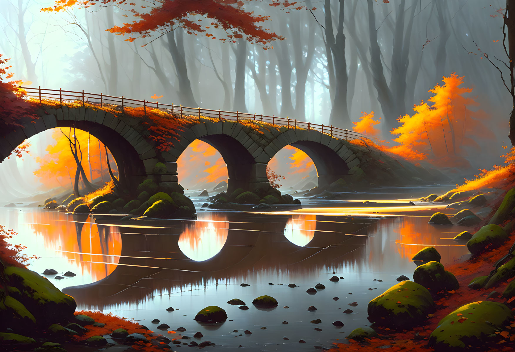 Stone bridge over tranquil river in misty autumn forest with vibrant orange leaves