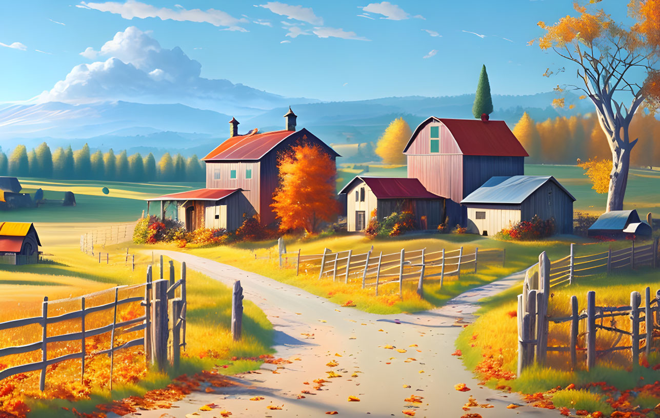 Rural autumn landscape with barns, house, and trees