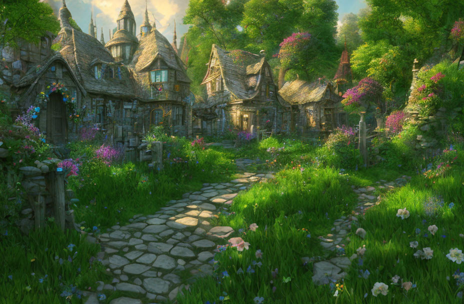 Fantasy village with cottages, greenery, and flowers