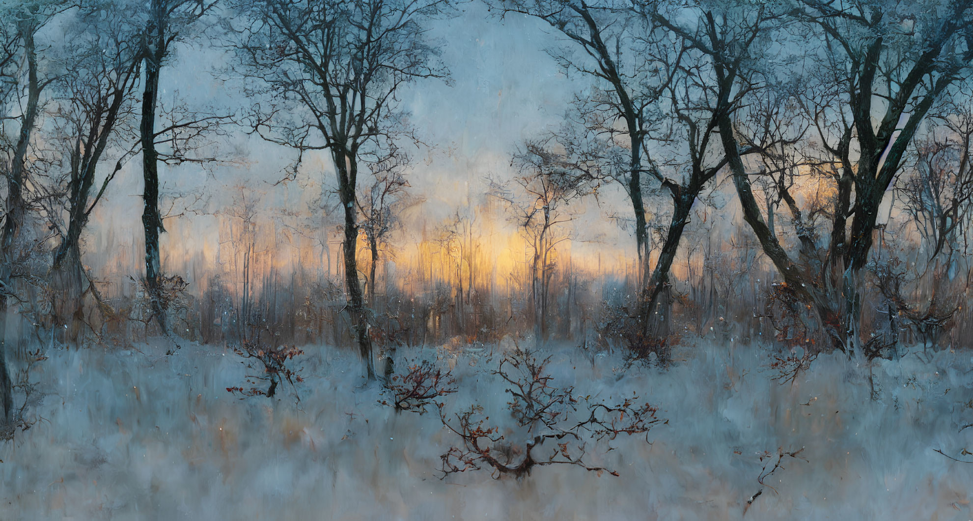 Panoramic winter landscape with tall leafless trees and warm sunrise.